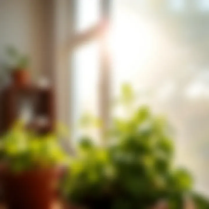 Sunlight filtering through leaves of potted herbs.