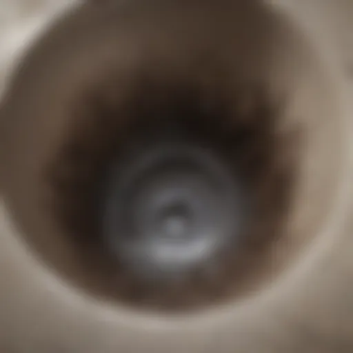 Close-up view of a clogged drain with hair visible