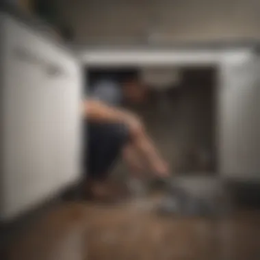 A person inspecting pipes under a sink