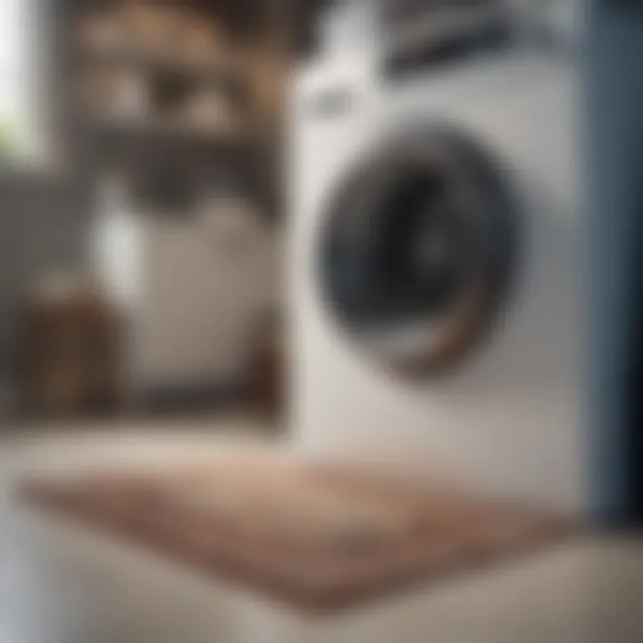 A washing machine with a clear view of an area rug inside