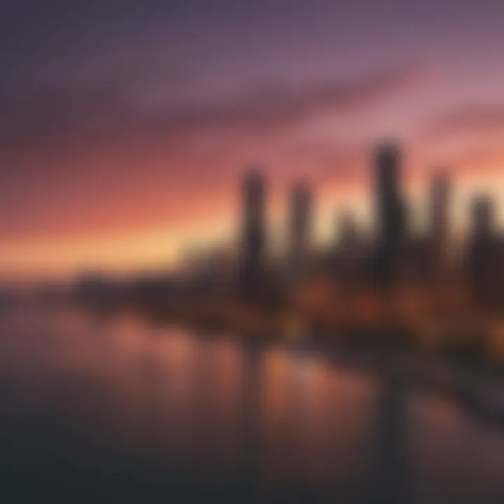 A panoramic view of the Chicago skyline at sunset.