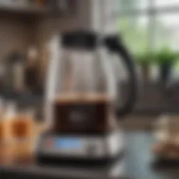 Electric coffee pot with a glass carafe and steam rising