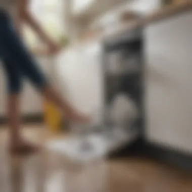 Wiping Down the Dishwasher Exterior A person using a cloth to wipe the exterior of a dishwasher