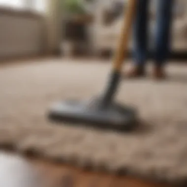 Demonstration of vacuuming techniques on a plush area rug