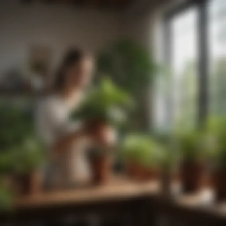 A person nurturing plants with care in a bright indoor setting