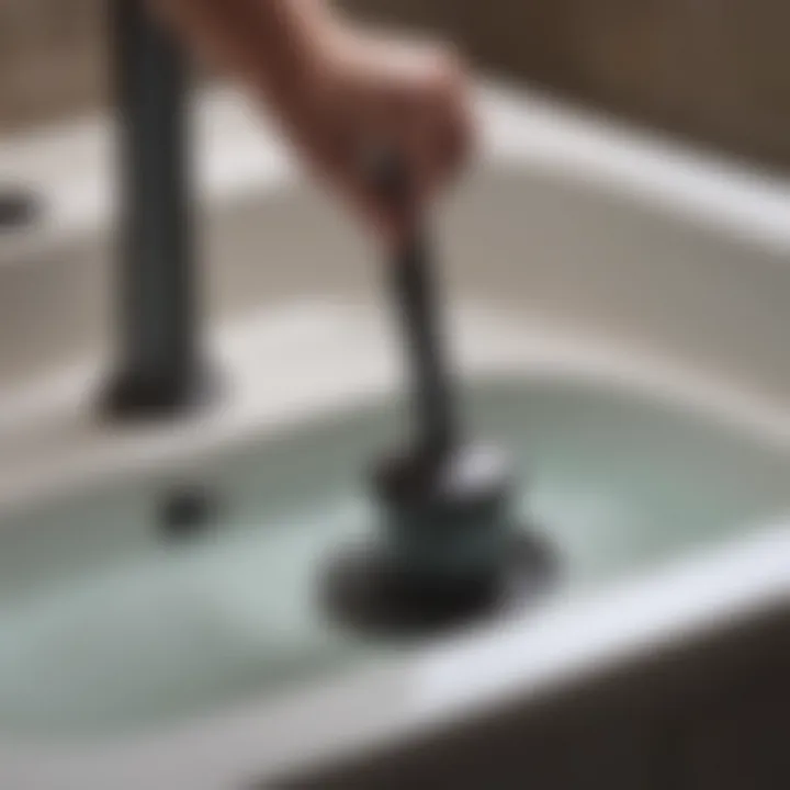 A close-up of a plunger in action, effectively addressing a clogged drain.