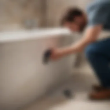 Professional assessment of bathtub clog Professional plumber examining a clogged bathtub drain