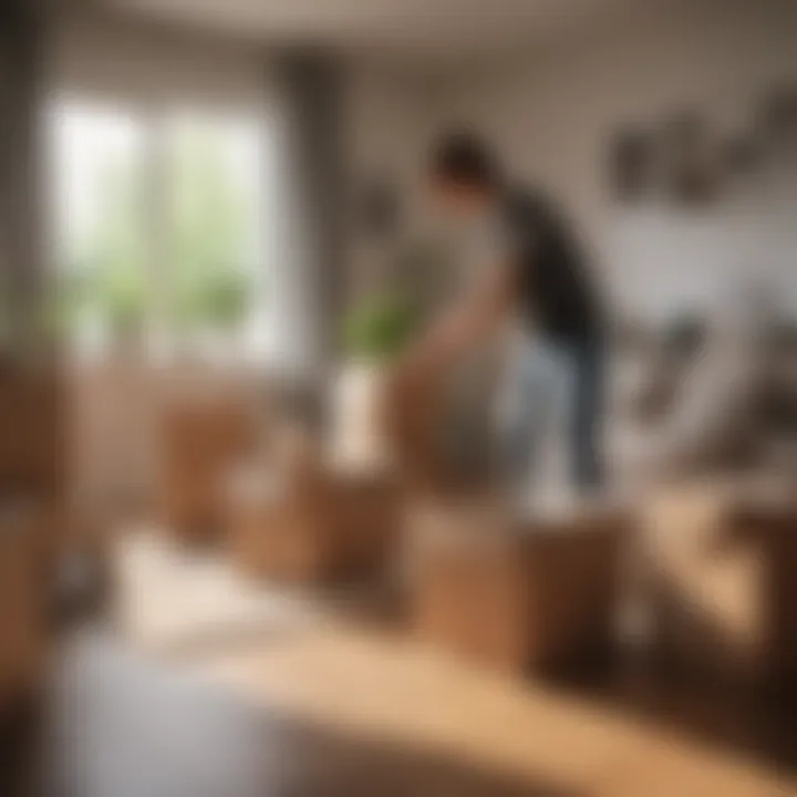 A person efficiently unpacking boxes in a new apartment