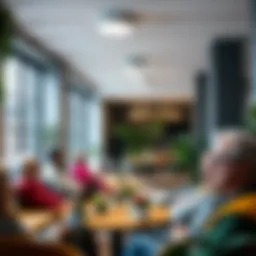 A vibrant communal living space with diverse residents engaging in various activities.