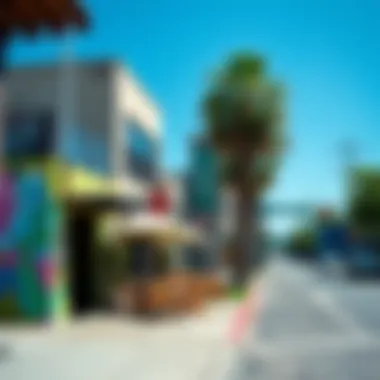 A vibrant street scene in Silver Lake showcasing colorful murals and trendy cafes