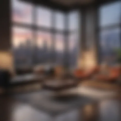 A modern large studio apartment with skyline view