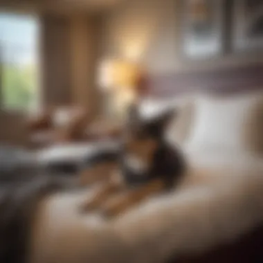 A cozy pet-friendly hotel room with a dog resting on the bed