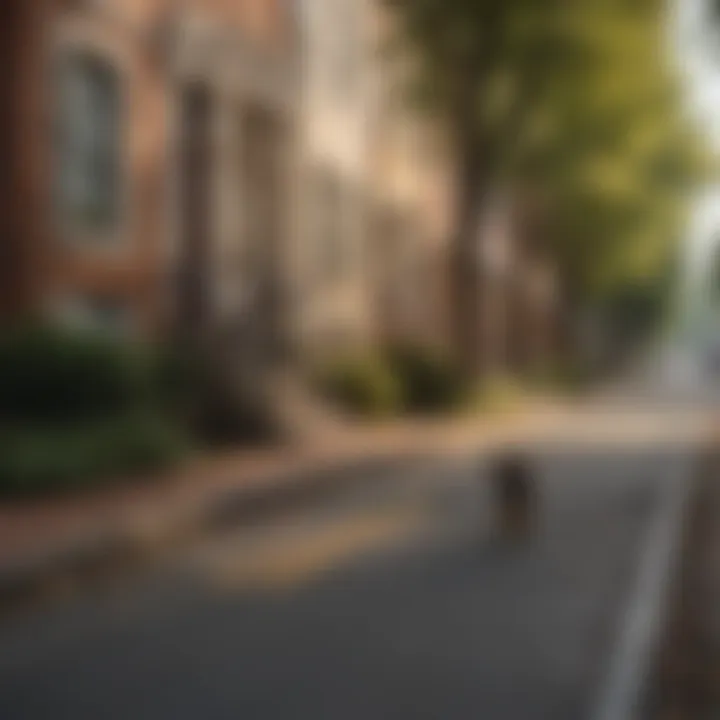 A couple walking their dog along a scenic D.C. street with historic landmarks