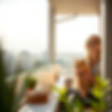 Happy pet owner and a cat enjoying a sunny balcony