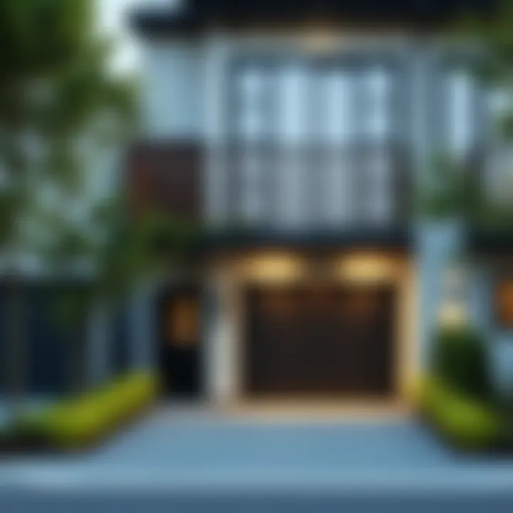 Stylish garage entrance complementing townhouse architecture