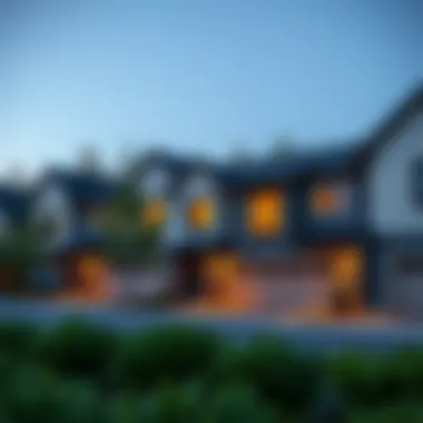 Tranquil neighborhood with townhouses and garages