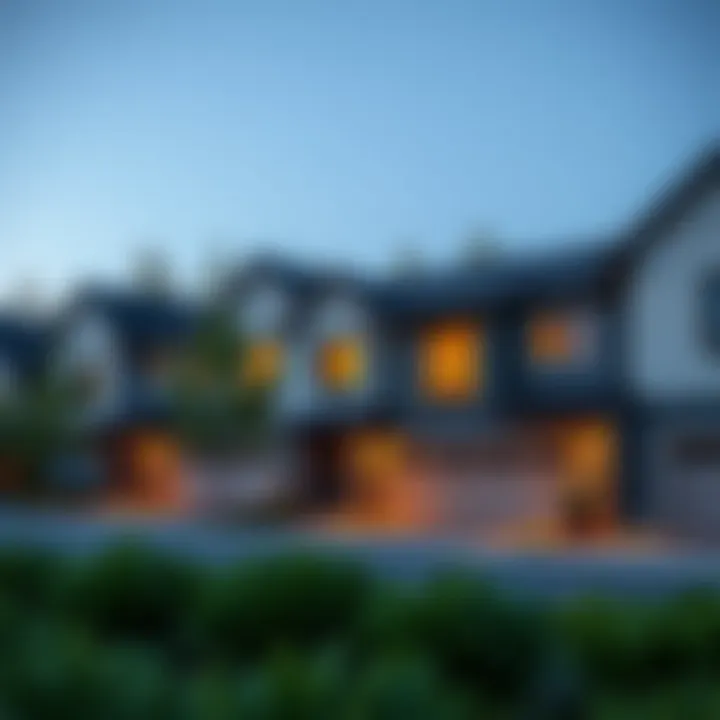 Tranquil neighborhood with townhouses and garages