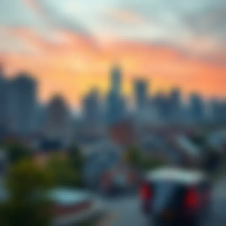A panoramic view of a vibrant city skyline showcasing affordable housing options