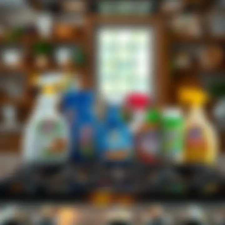 An array of popular stove top cleaning products displayed on a kitchen counter