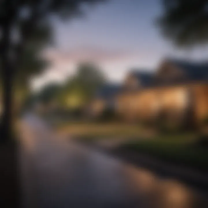 An overview of a Dallas neighborhood at dusk, showcasing safety and tranquility with street lights illuminating the area.