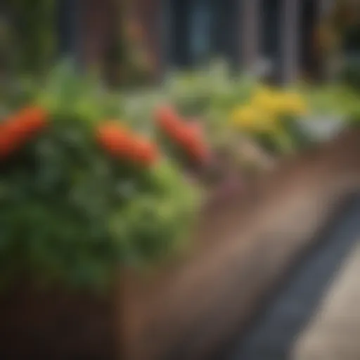 A vibrant urban planter box filled with diverse plants and flowers.