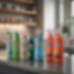 Variety of household disinfectant cleaners on a kitchen counter