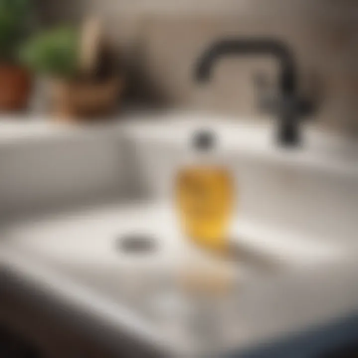 A bottle of a natural cleaning solution placed beside a sink