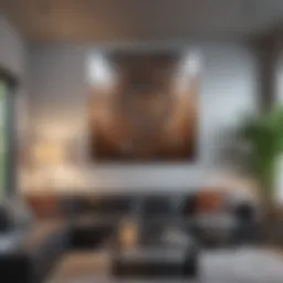 A stylish metal wall art piece hung in a modern living room.