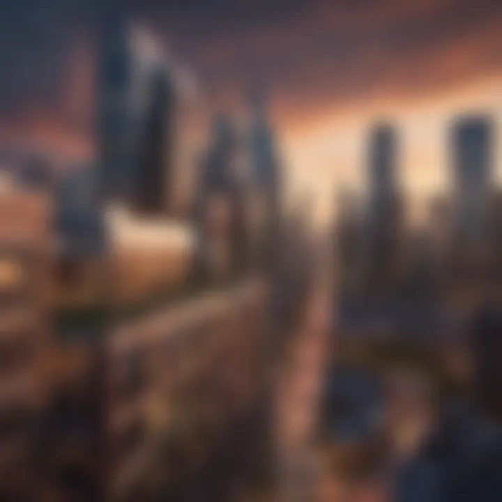A skyline view of a vibrant urban city with modern buildings.