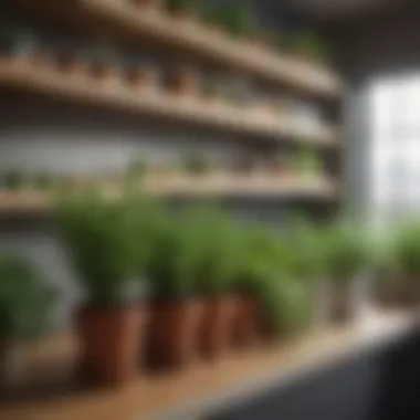 A collection of potted herbs on a kitchen shelf, enhancing both aesthetics and functionality