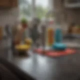 A variety of kitchen cleaning tools neatly arranged on a countertop