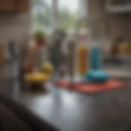 A variety of kitchen cleaning tools neatly arranged on a countertop