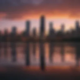 A panoramic view of downtown Chicago skyline during sunset