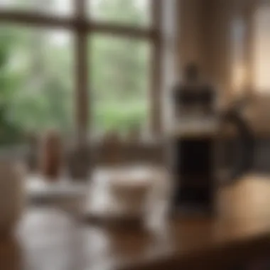 A beautifully arranged French press and coffee mug on a wooden table