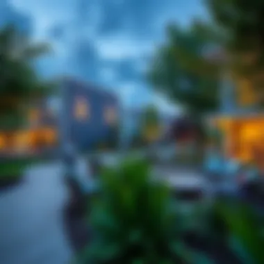 Lush landscaped gardens surrounding residential units at Midtown Oaks