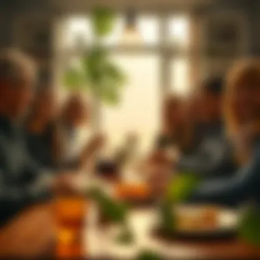 A harmonious group enjoying a meal together, representing the social benefits of shared living.