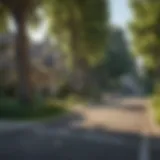 Charming suburban street lined with trees and houses