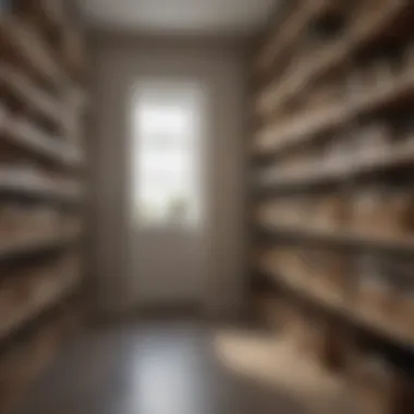 Stylish storage baskets neatly arranged on shelves inside a narrow closet.