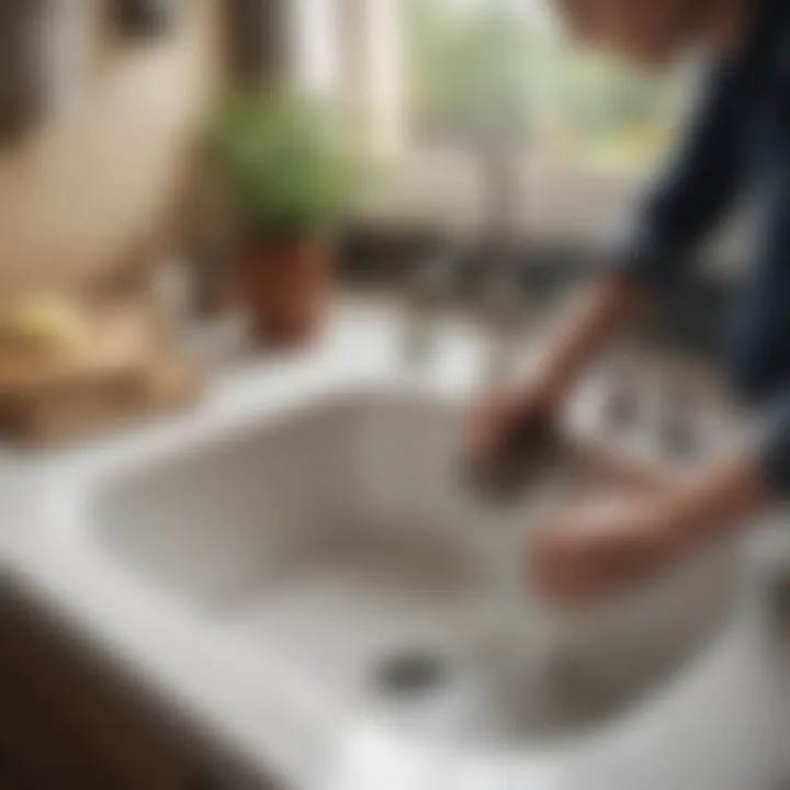 A person applying a natural solution to a clogged sink.