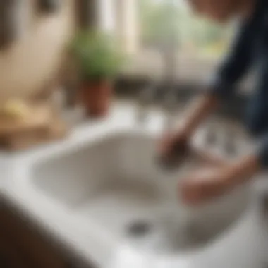Using Natural Solutions for Clogs A person applying a natural solution to a clogged sink.