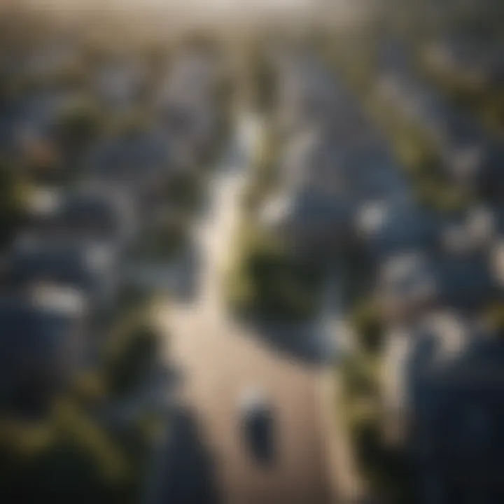 An aerial view of a neighborhood showing diverse properties