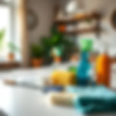 Cleaning tools and products displayed on a tidy surface