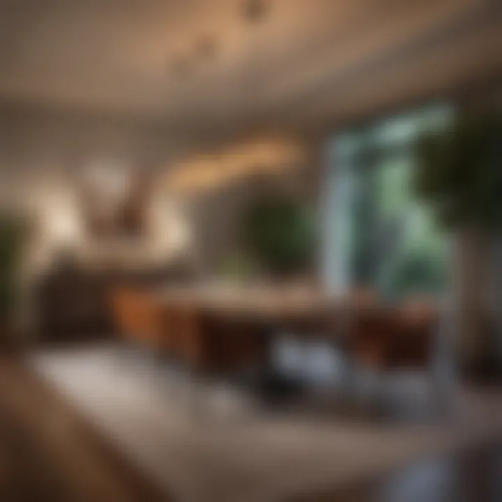 Modern dining arrangement with unique decor elements and soft lighting
