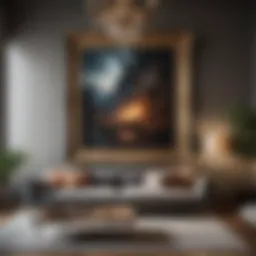 A grand living room featuring oversized art frames that complement the decor