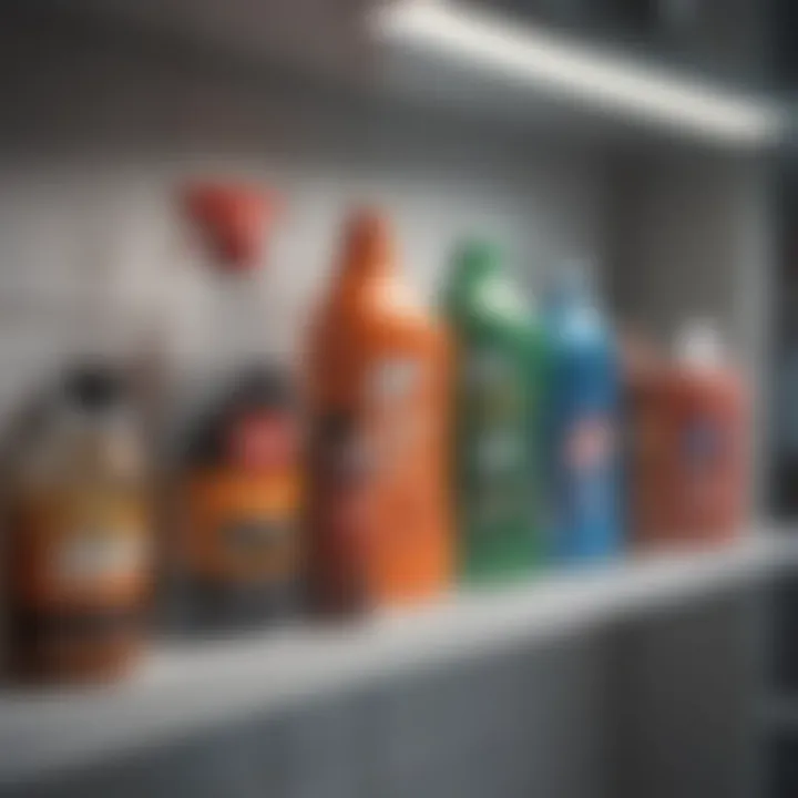 Commercial window cleaning products lined up on a shelf