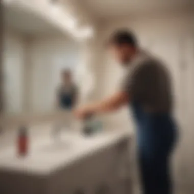 A professional plumber assessing a bathroom sink.