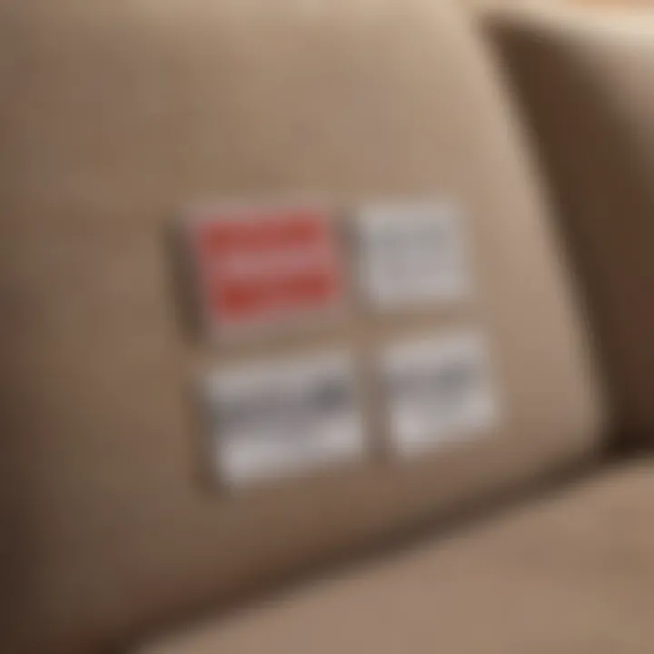 Close-up of fabric identification labels on a couch.