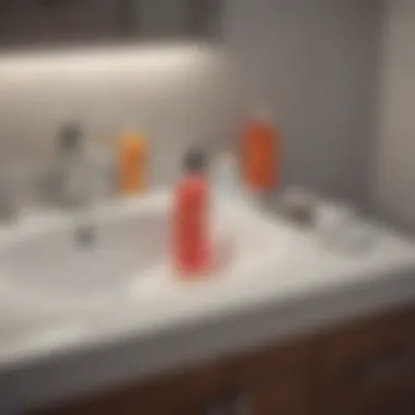 Chemical Solutions for Clogged Sinks A bottle of chemical drain cleaner beside a sink.