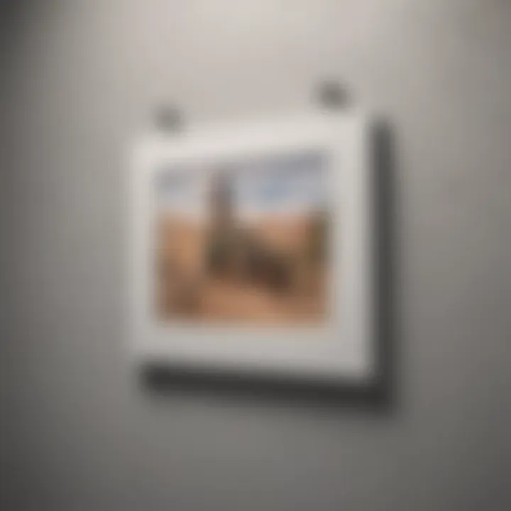 Close-up of a picture being mounted with wall anchors on a drywall