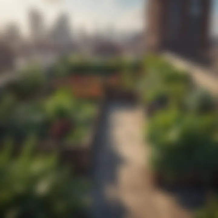 An urban rooftop garden filled with vegetables and herbs